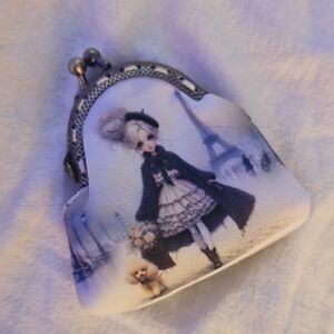 Parisian Print Coin Key Chain Handmade Purse